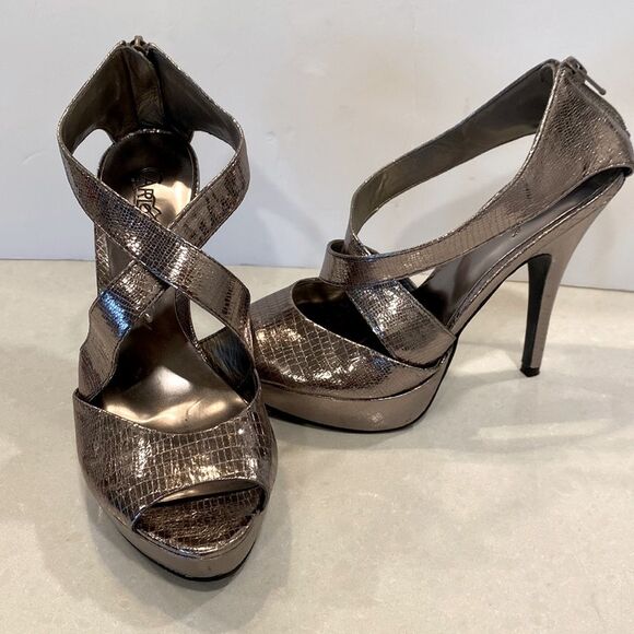 CARLOS SANTANA’S CALIENTE-PEWTER SNAKESKIN PRINT CRISSCROSS PLATFORM HEEL SZ 7.5 - Picture 2 of 16